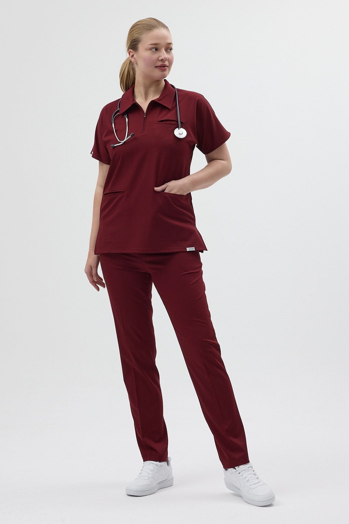 Likralı Bordo Polo Yaka Scrubs - Owlet Medikal