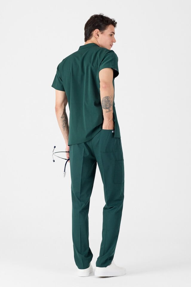 Likralı Zümrüt Yeşili Hakim Yaka Scrubs