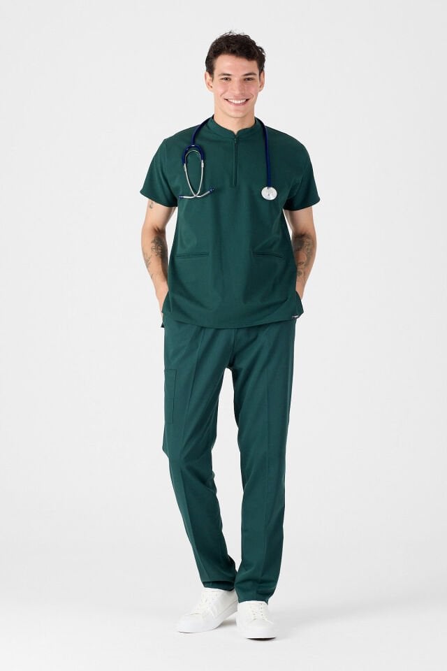 Likralı Zümrüt Yeşili Hakim Yaka Scrubs