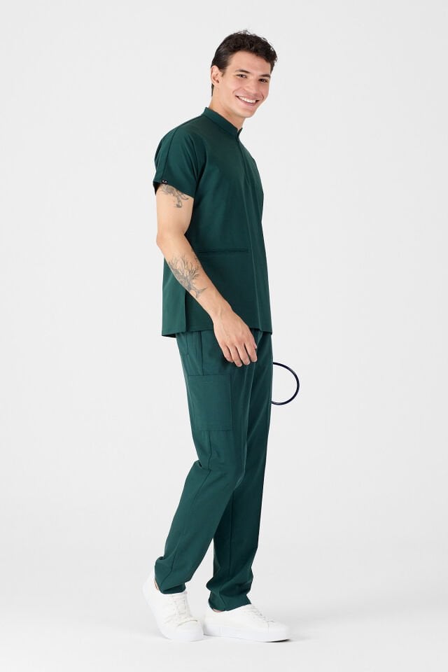 Likralı Zümrüt Yeşili Hakim Yaka Scrubs