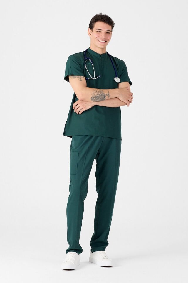 Likralı Zümrüt Yeşili Hakim Yaka Scrubs