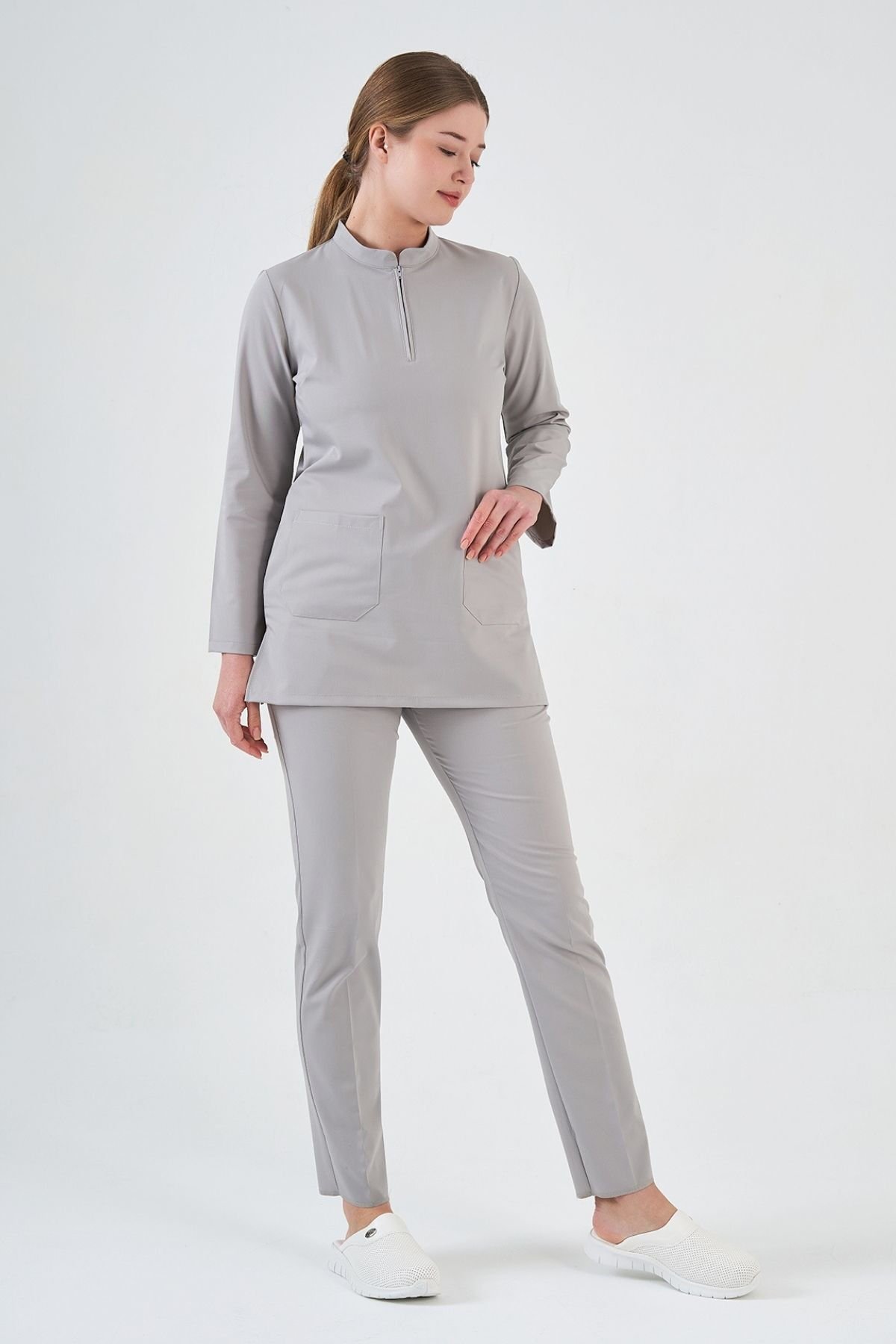 Likralı Açık Gri Tunik Boy Takım
