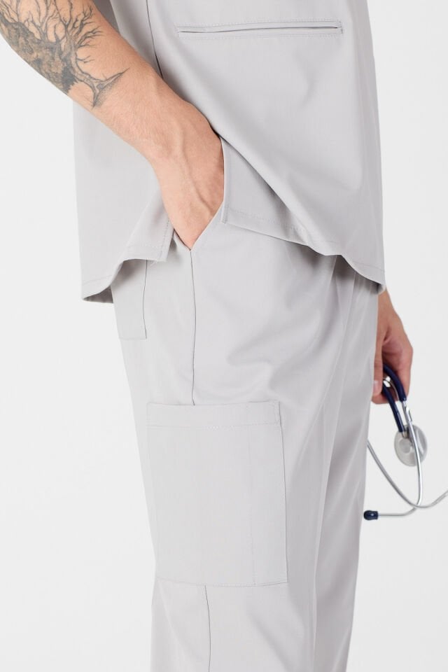 Likralı Açık Gri Hakim Yaka Scrubs Forma