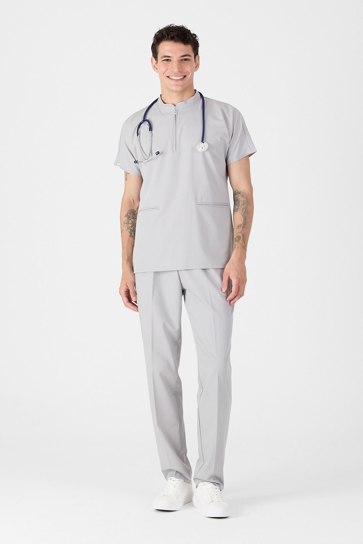 Likralı Açık Gri Hakim Yaka Scrubs Forma