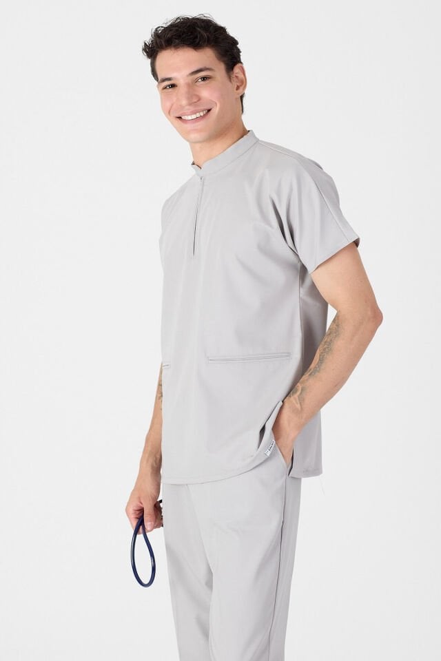 Likralı Açık Gri Hakim Yaka Scrubs Forma