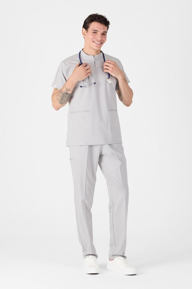 Likralı Açık Gri Hakim Yaka Scrubs Forma - Owlet Medikal