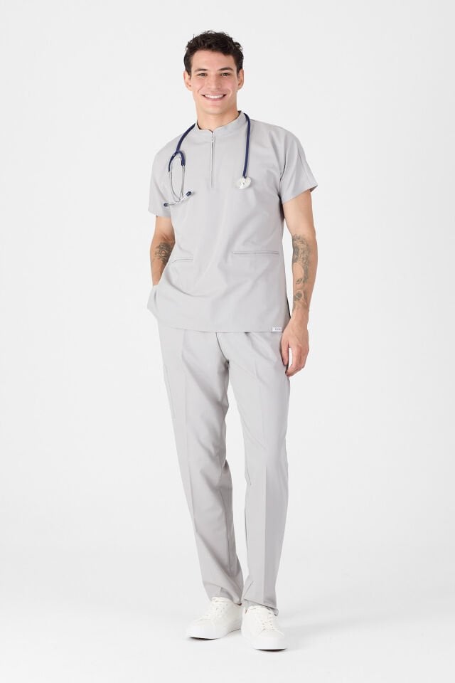 Likralı Açık Gri Hakim Yaka Scrubs Forma