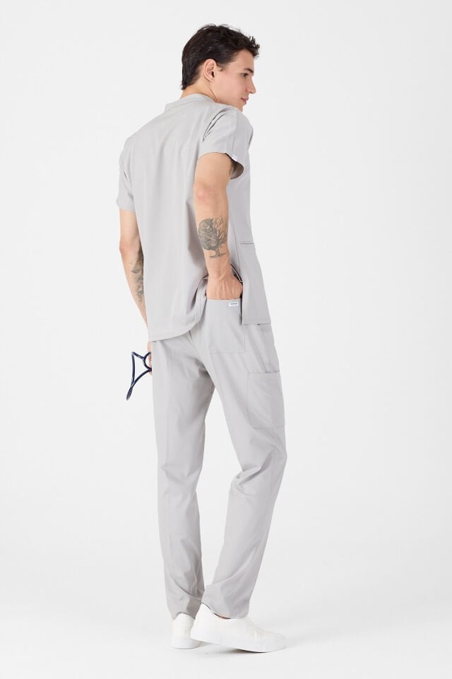 Likralı Açık Gri Hakim Yaka Scrubs Forma