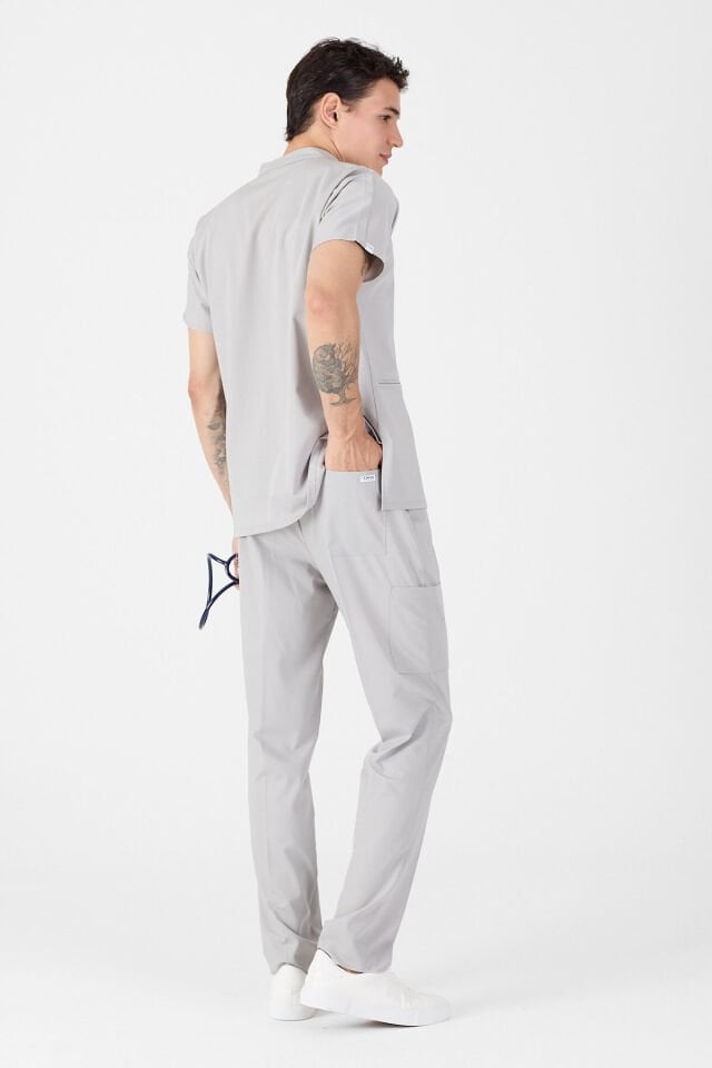 Likralı Açık Gri Hakim Yaka Scrubs Forma