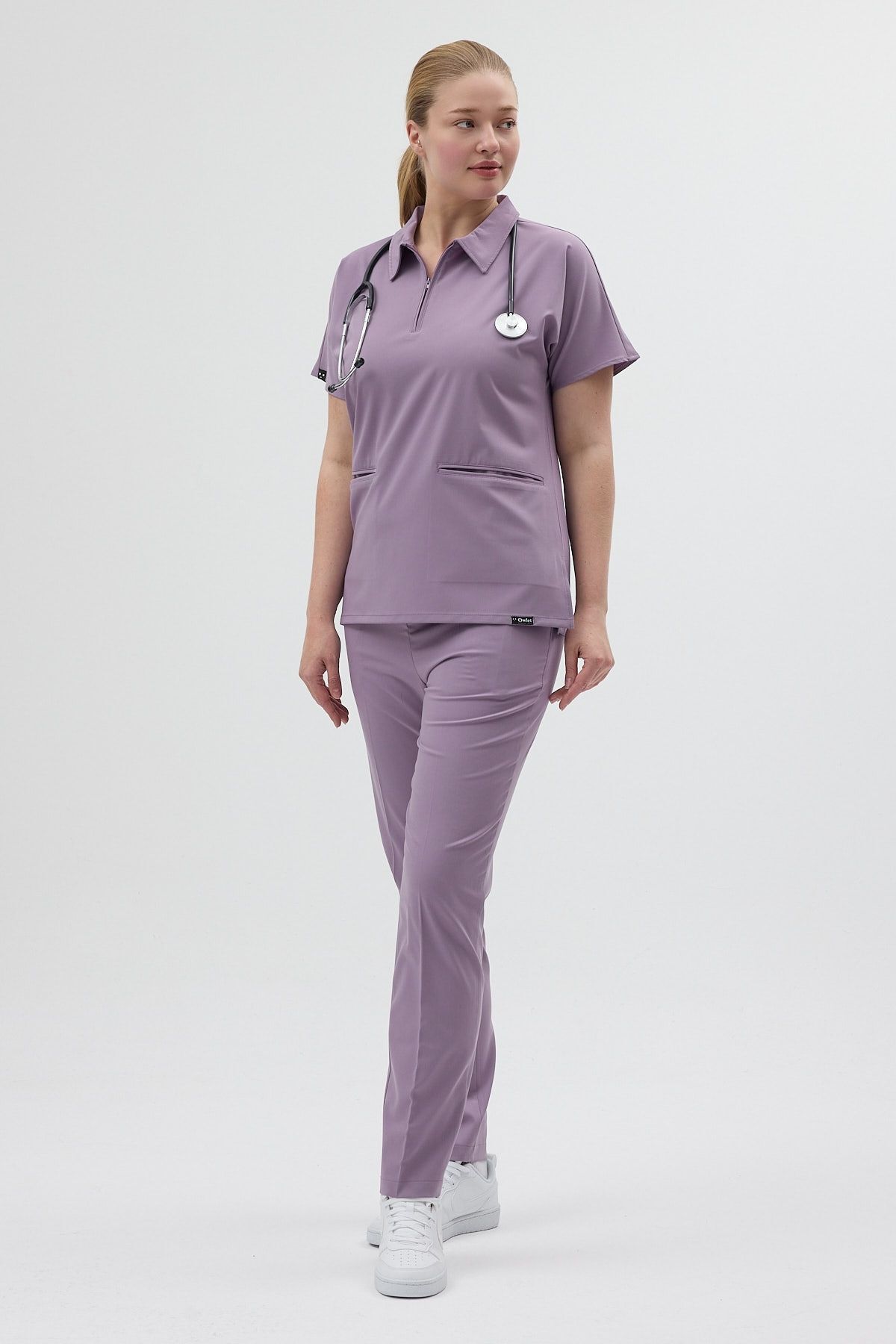 Likralı Soft Lila Polo Yaka Scrubs - Owlet Medikal