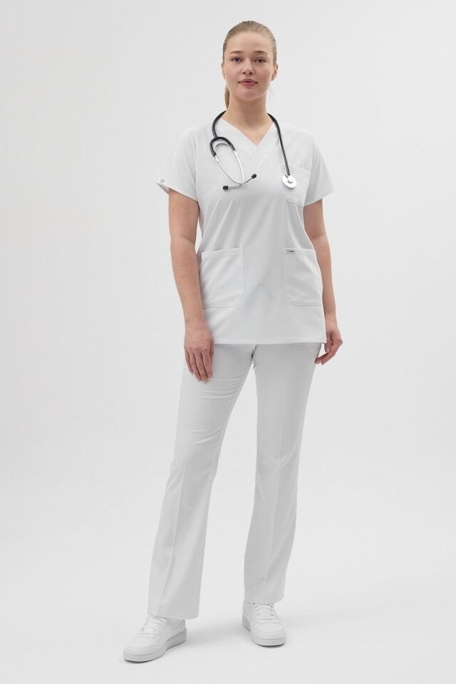 Beyaz Tunik Boy Kısa Kol Çan Paça Scrubs