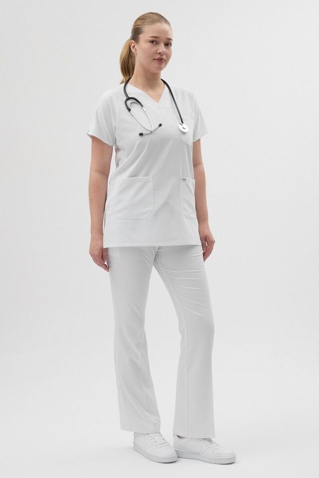 Beyaz Tunik Boy Kısa Kol Çan Paça Scrubs