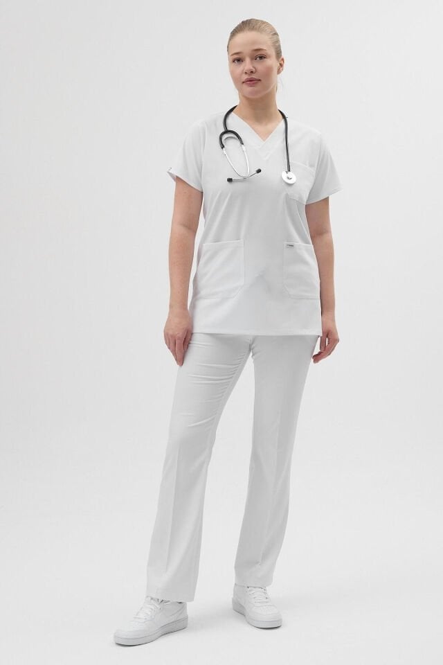 Beyaz Tunik Boy Kısa Kol Çan Paça Scrubs