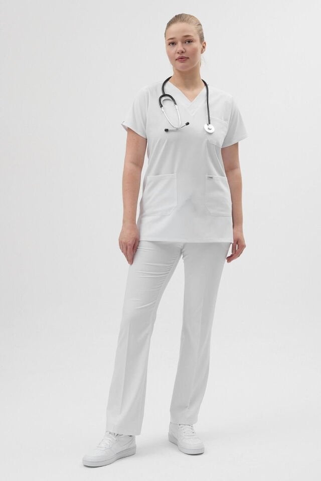 Beyaz Tunik Boy Kısa Kol Çan Paça Scrubs