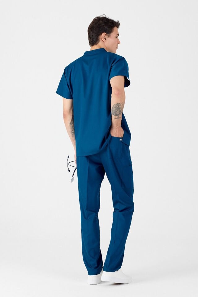 Lycra Petrol Blue Mandarin Collar Scrubs