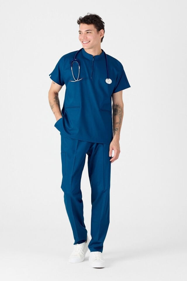 Likralı Petrol Mavisi Hakim Yaka Scrubs