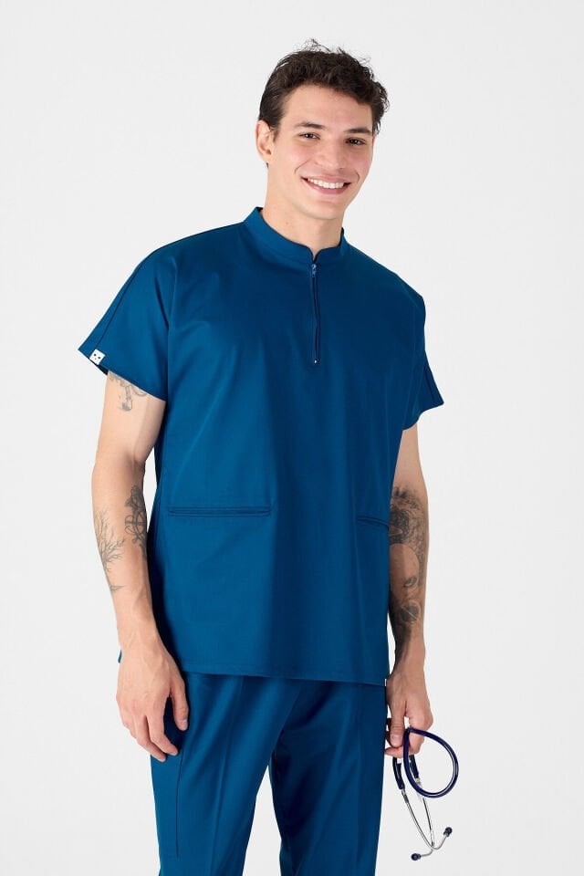 Lycra Petrol Blue Mandarin Collar Scrubs