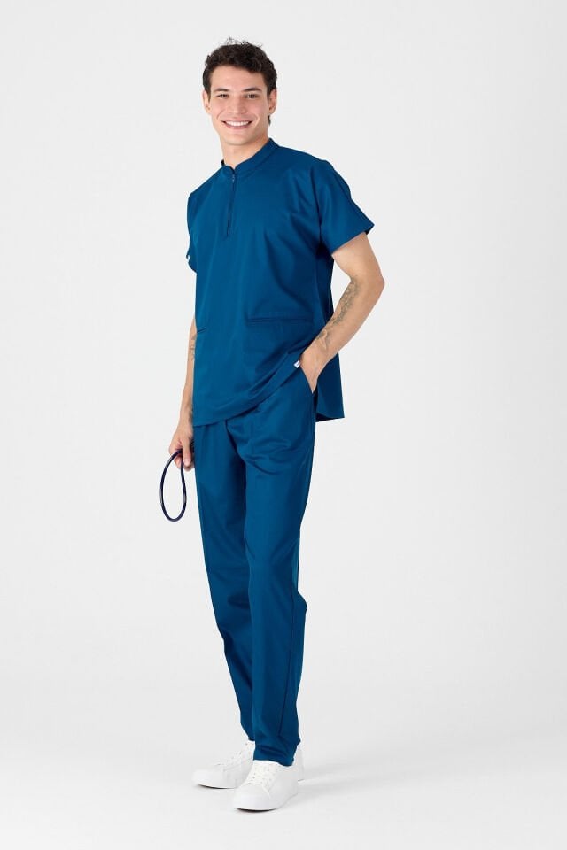 Lycra Petrol Blue Mandarin Collar Scrubs