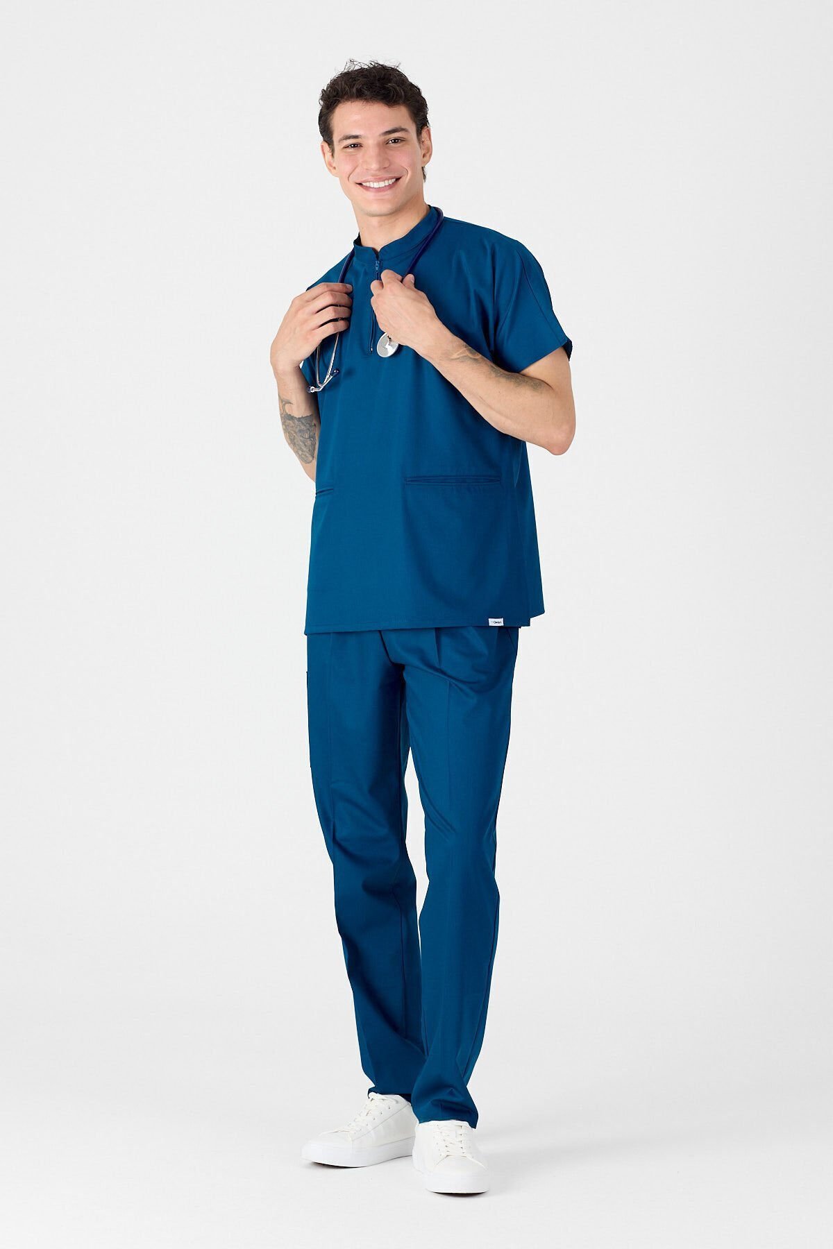 Lycra Petrol Blue Mandarin Collar Scrubs