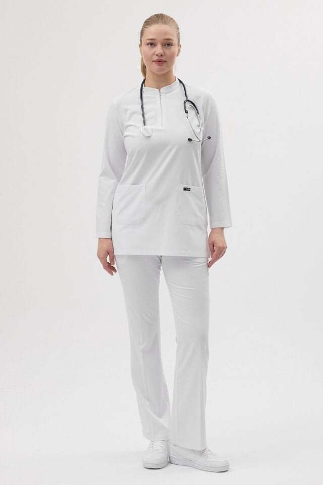 Beyaz Tunik Boy Çan Paça Scrubs