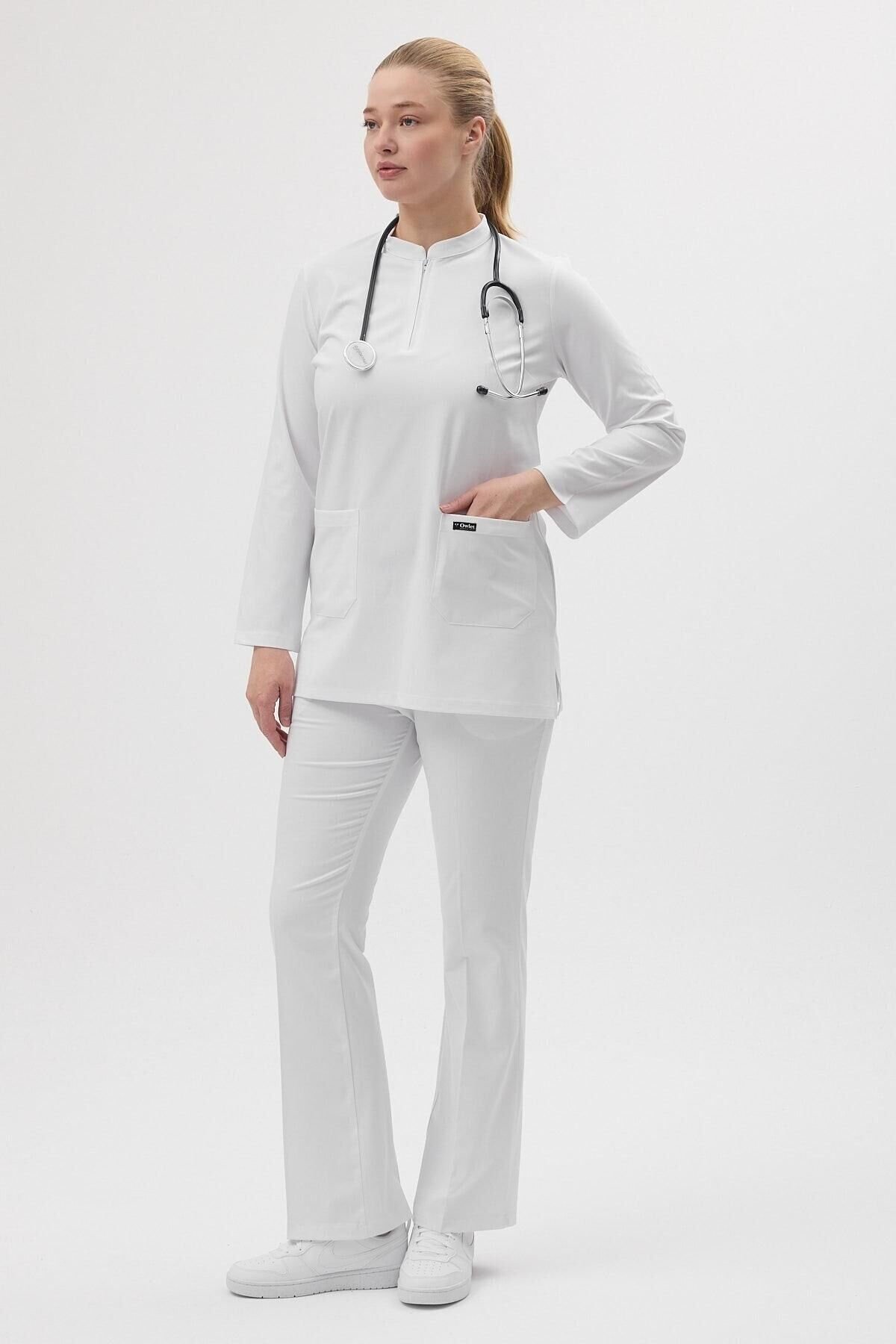 Beyaz Tunik Boy Çan Paça Scrubs