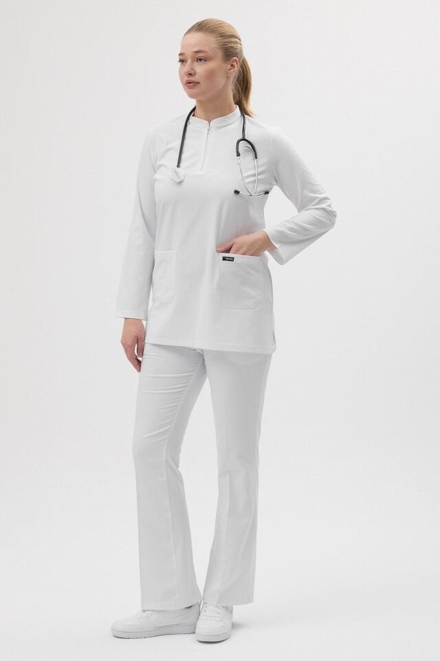 Beyaz Tunik Boy Çan Paça Scrubs