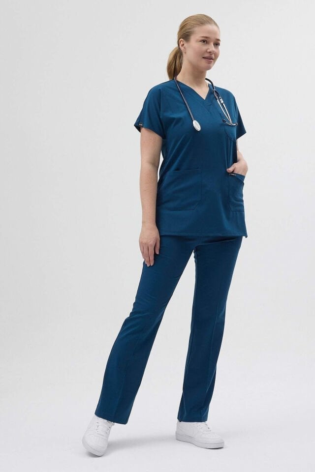 Petrol Mavisi Tunik Boy Kısa Kol Çan Paça Scrubs