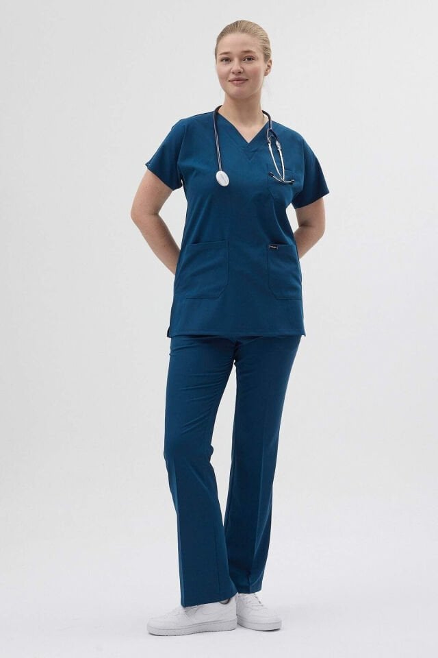Petrol Mavisi Tunik Boy Kısa Kol Çan Paça Scrubs