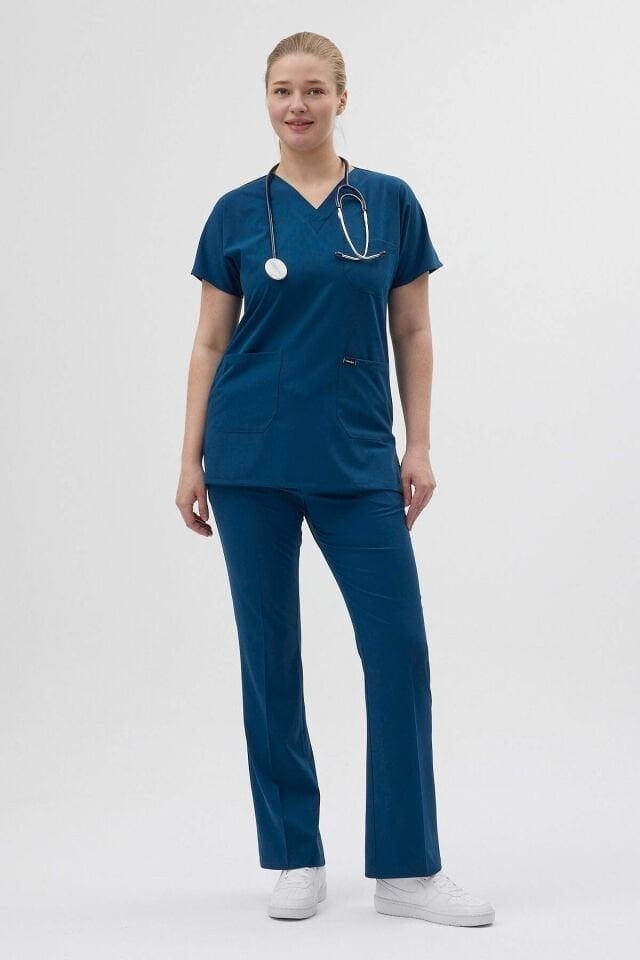 Petrol Mavisi Tunik Boy Kısa Kol Çan Paça Scrubs
