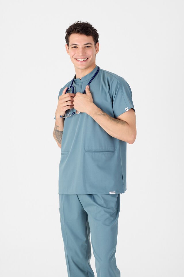 Likralı Antrasit Mavi Fermuar Detaylı Scrubs