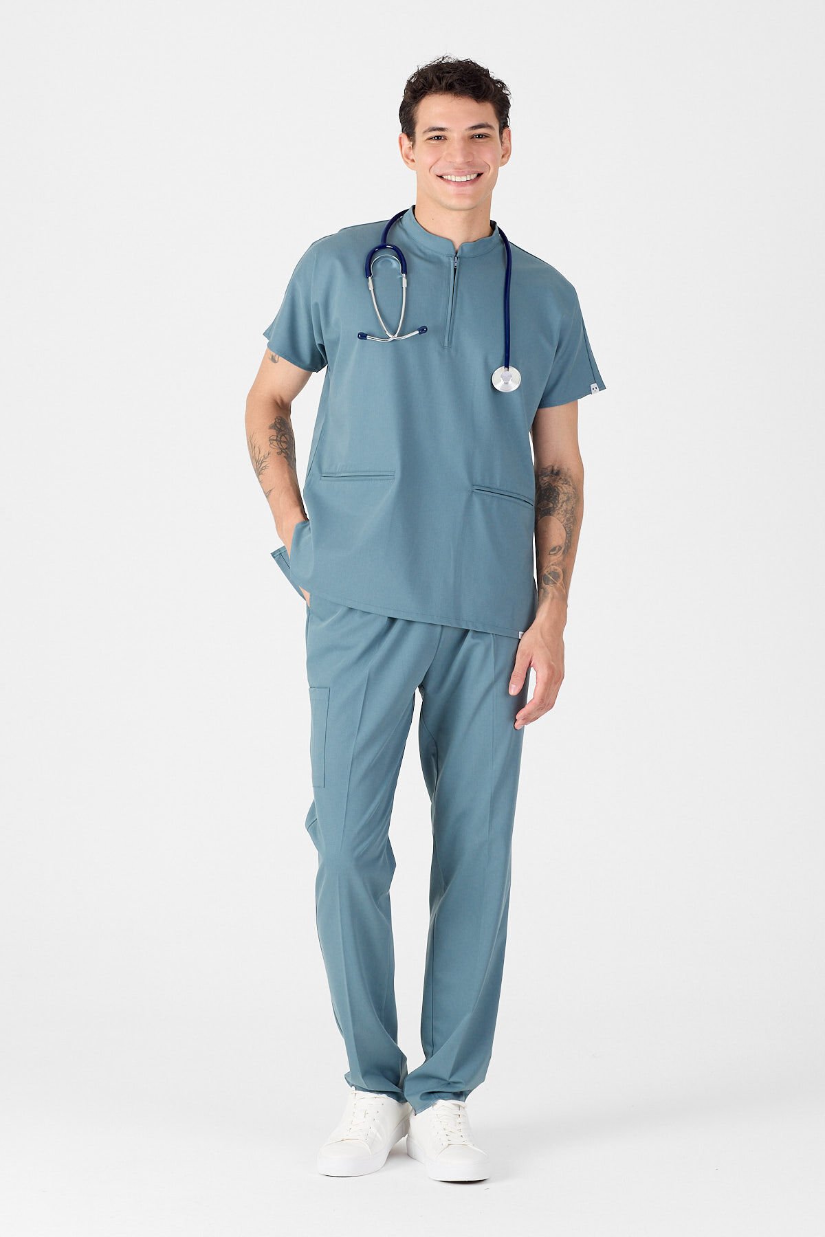 Likralı Antrasit Mavi Fermuar Detaylı Scrubs