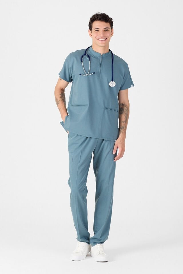 Likralı Antrasit Mavi Fermuar Detaylı Scrubs