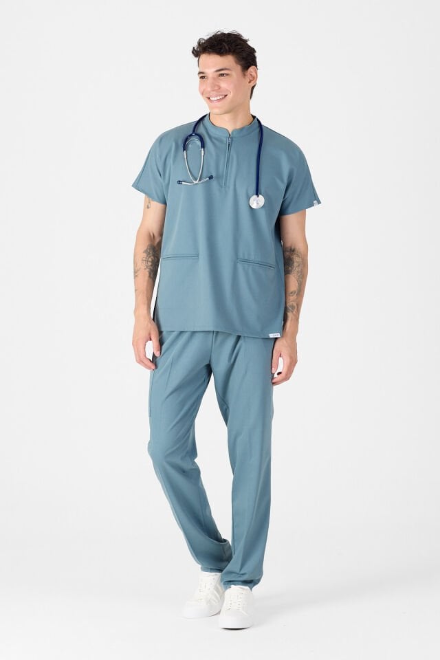 Likralı Antrasit Mavi Fermuar Detaylı Scrubs