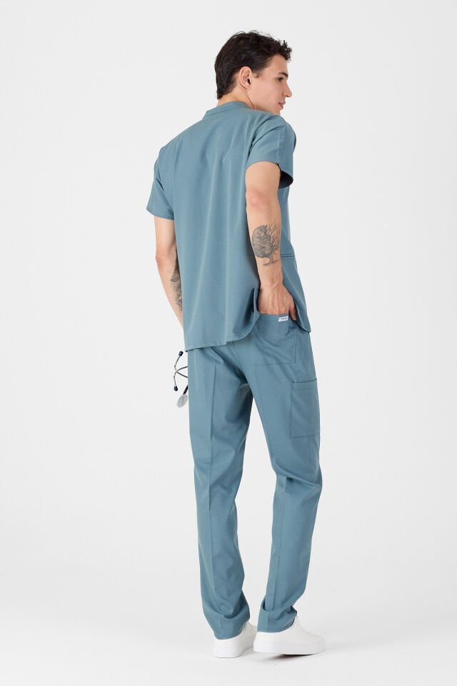 Likralı Antrasit Mavi Fermuar Detaylı Scrubs