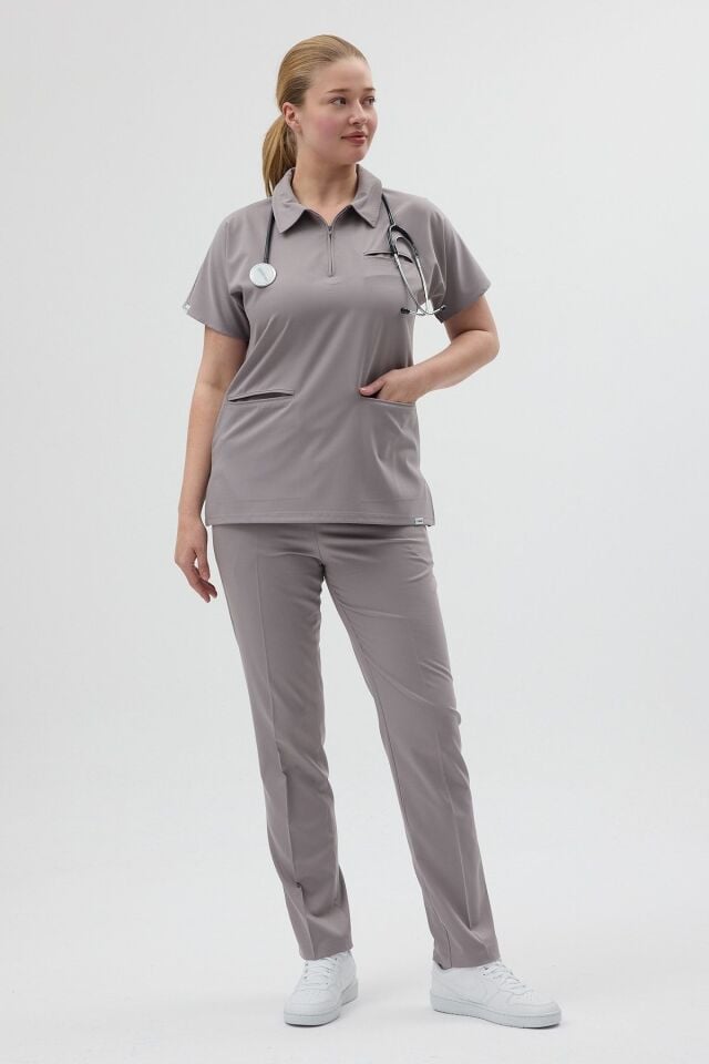 Likralı Duman Grisi Polo Yaka Scrubs - Owlet Medikal