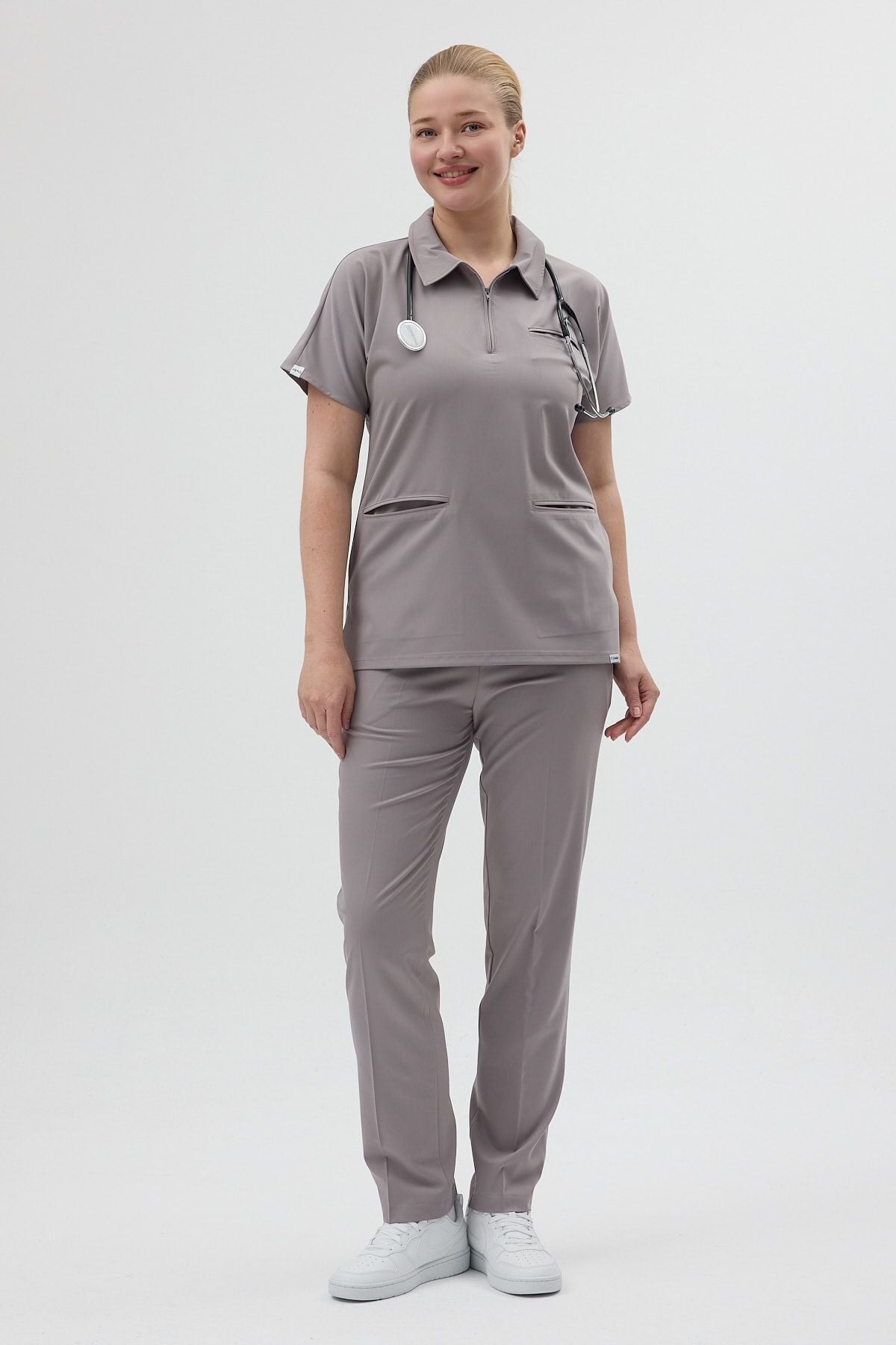 Likralı Duman Grisi Polo Yaka Scrubs - Owlet Medikal