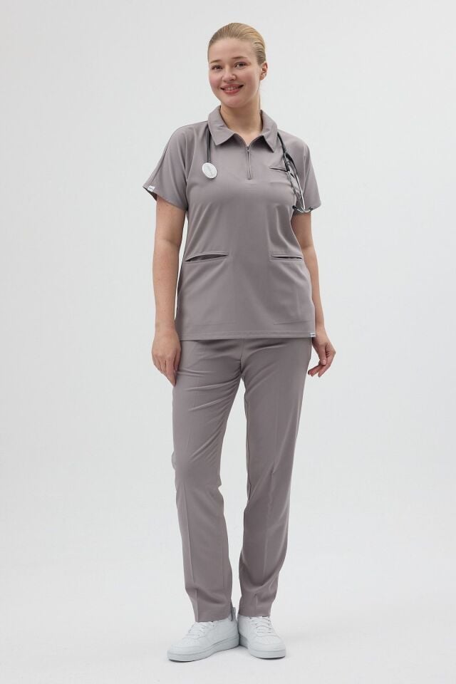 Likralı Duman Grisi Polo Yaka Scrubs - Owlet Medikal