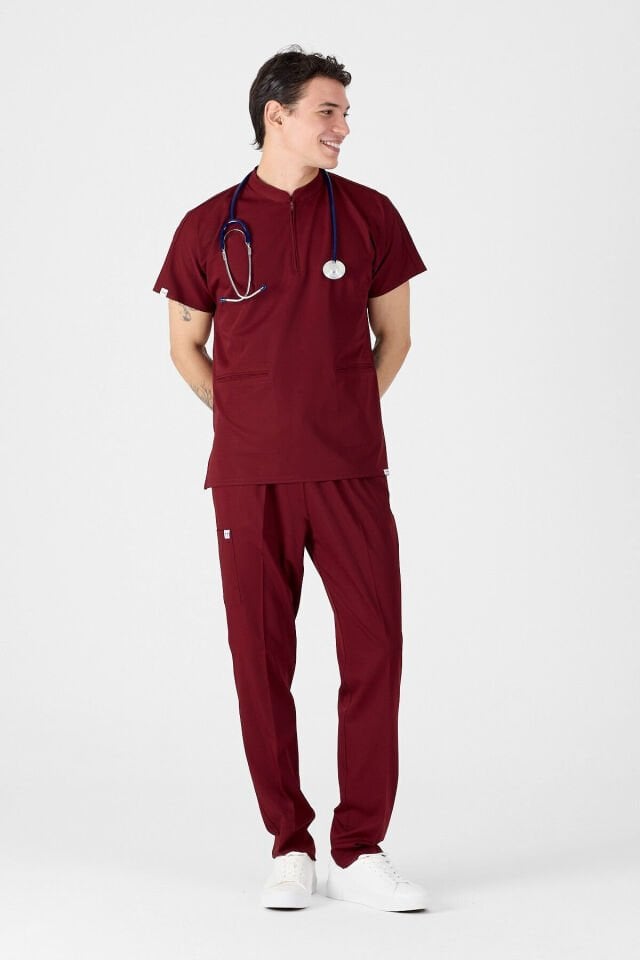 Likralı Bordo Fermuar Detaylı Scrubs Forma - Owlet Medikal