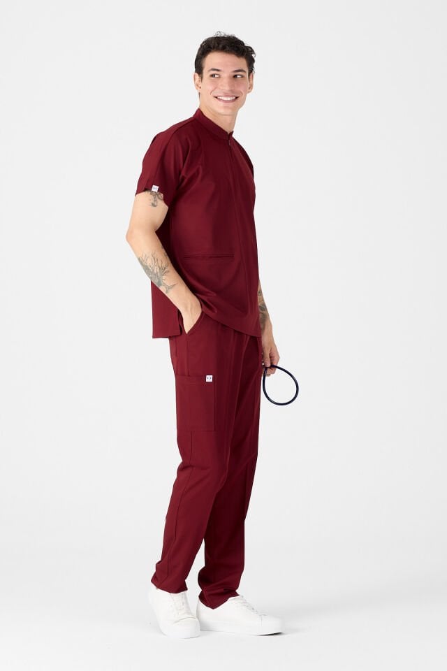 Likralı Bordo Fermuar Detaylı Scrubs Forma