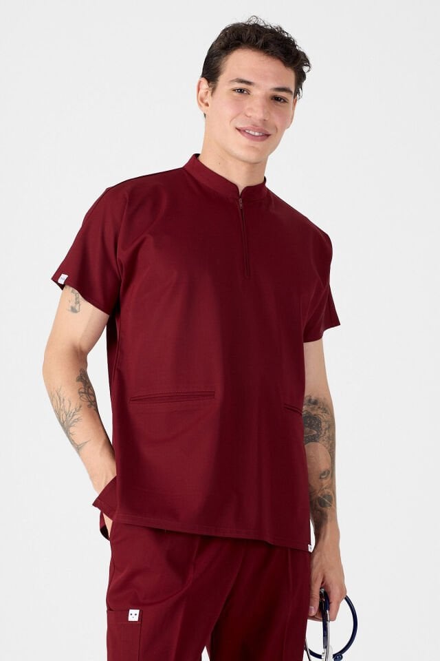 Likralı Bordo Fermuar Detaylı Scrubs Forma