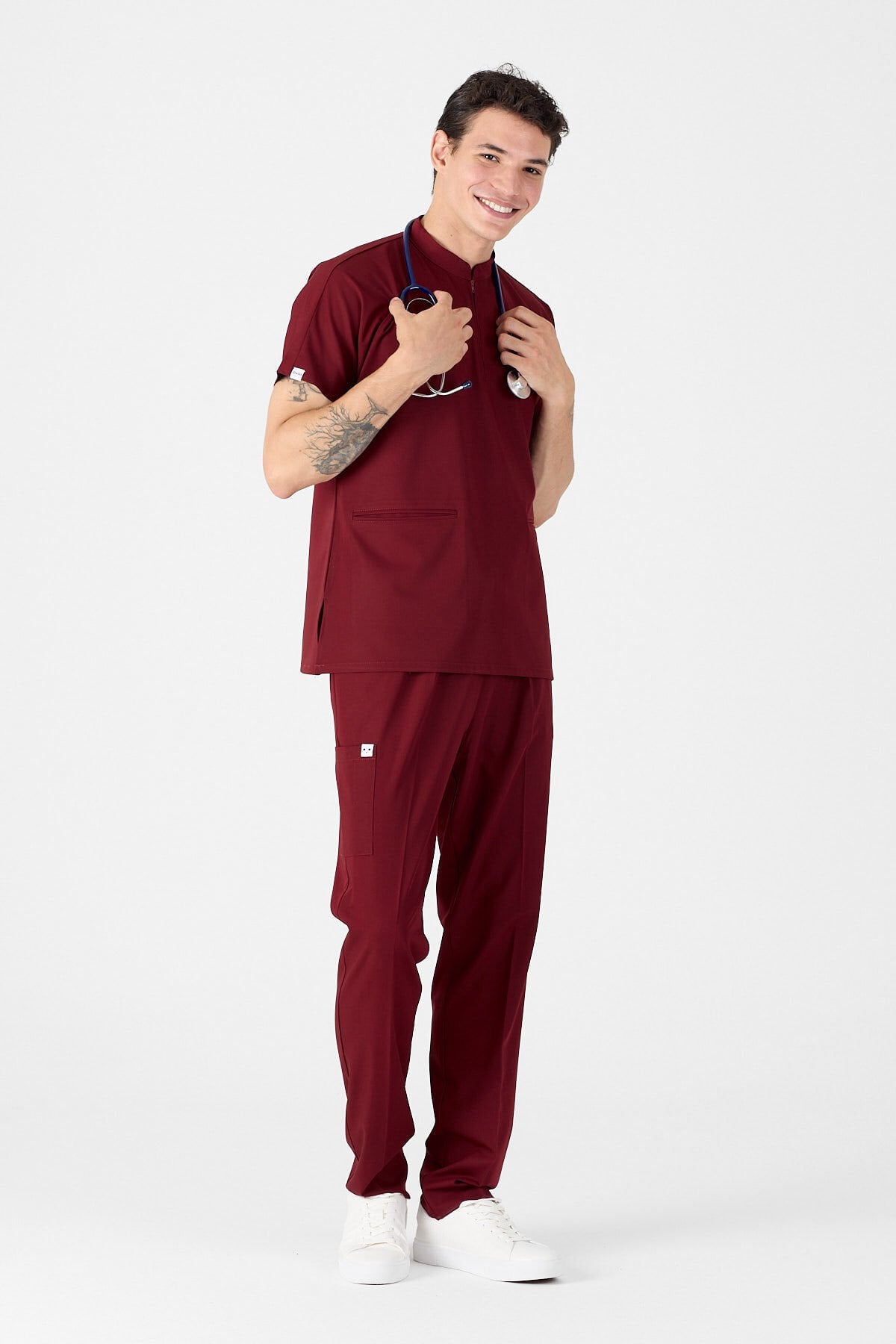 Likralı Bordo Fermuar Detaylı Scrubs Forma - Owlet Medikal