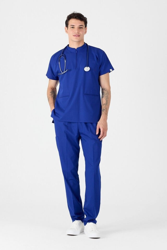 Likralı Saks Mavisi Fermuar Detaylı Scrubs