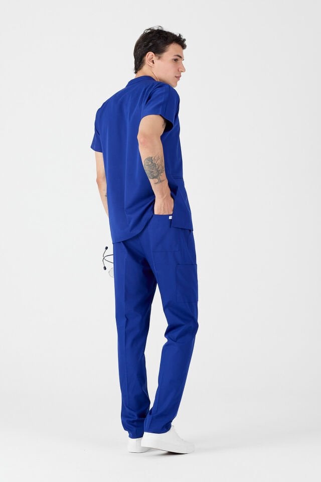 Likralı Saks Mavisi Fermuar Detaylı Scrubs