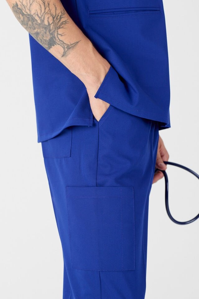 Likralı Saks Mavisi Fermuar Detaylı Scrubs