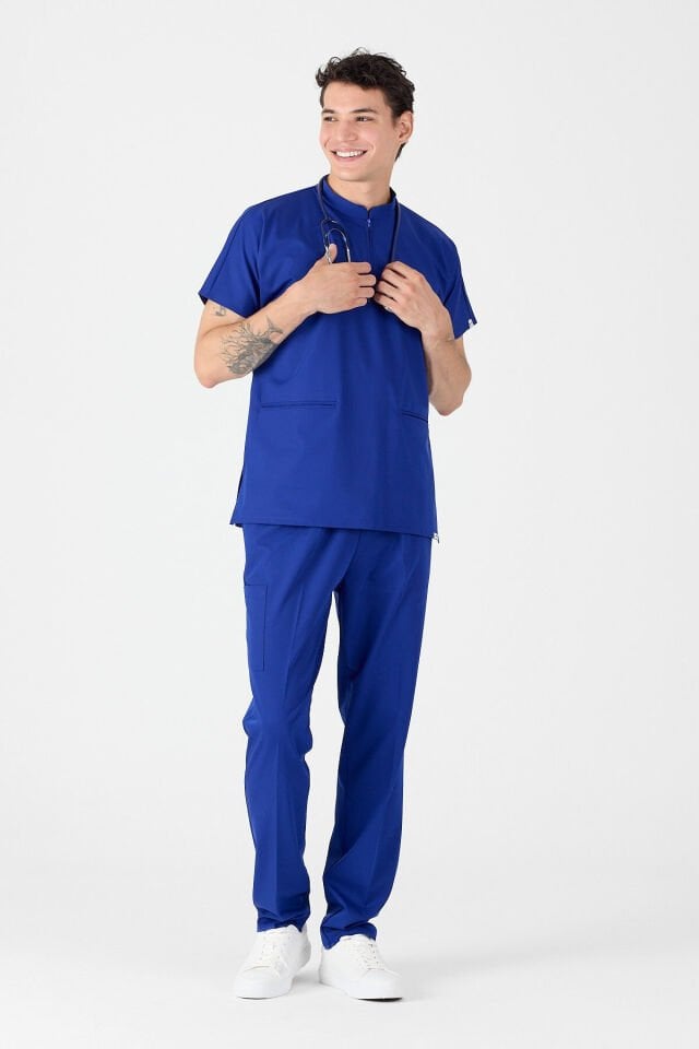 Likralı Saks Mavisi Fermuar Detaylı Scrubs - Owlet Medikal