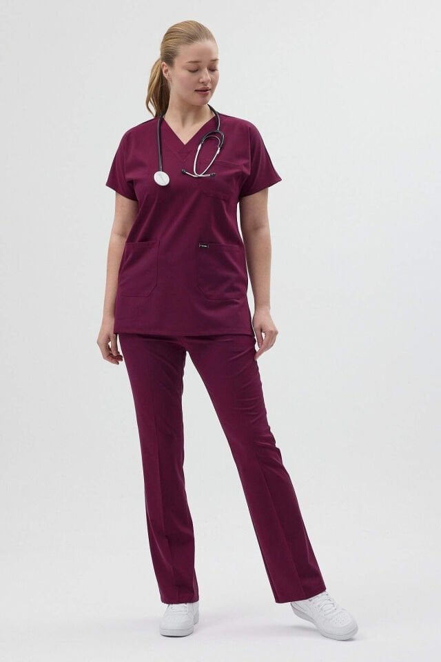 Vişne Tunik Boy Kısa Kol Çan Paça Scrubs