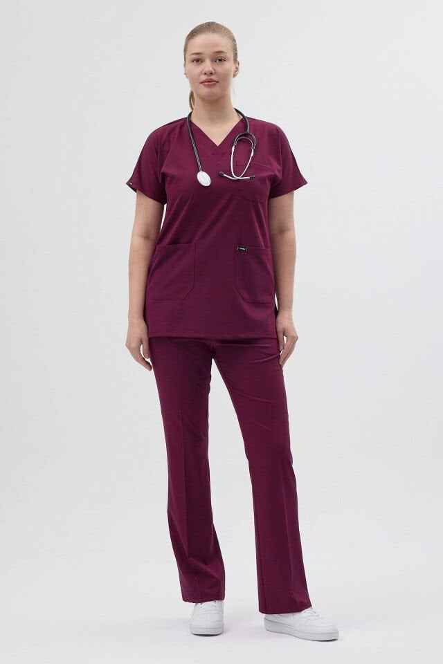 Vişne Tunik Boy Kısa Kol Çan Paça Scrubs