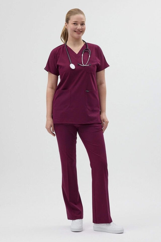 Vişne Tunik Boy Kısa Kol Çan Paça Scrubs