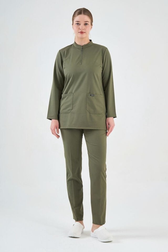 Likralı Asker Yeşili Tunik Boy Takım - Owlet Medikal