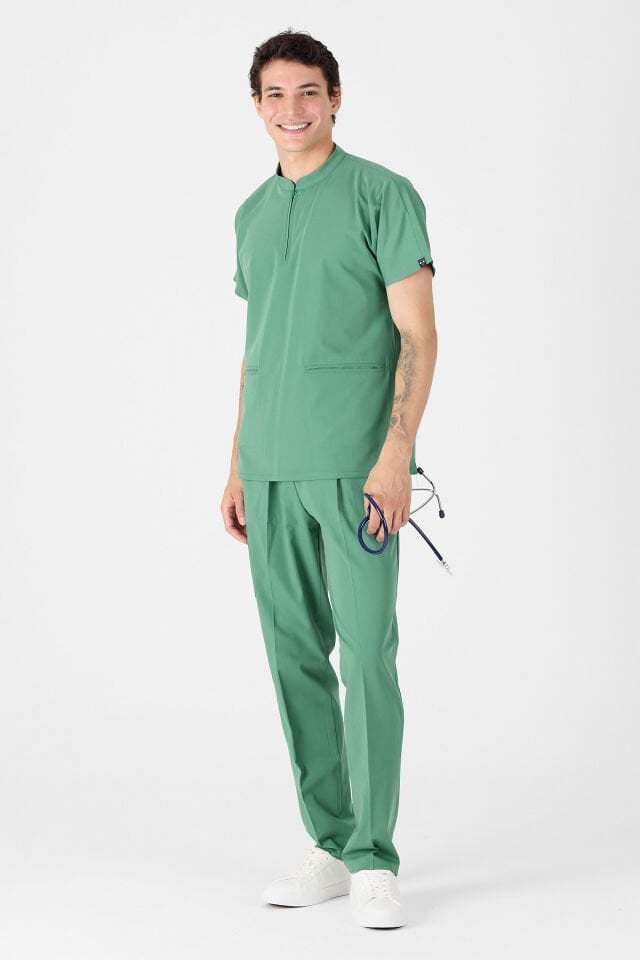 Likralı Çim Yeşili Hakim Yaka Scrubs